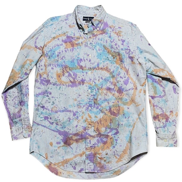 Ralph Lauren Men’s Classic Fit Pinstripe Paint Splattered Button Down Shirt Sz S - Picture 2 of 14